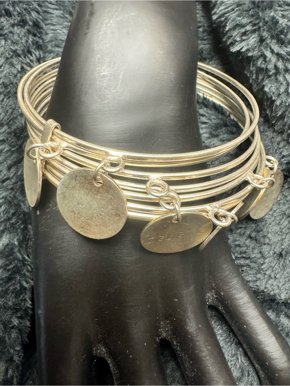 Sterling Silver Inspirational disc charms bangle bracelet. 8”